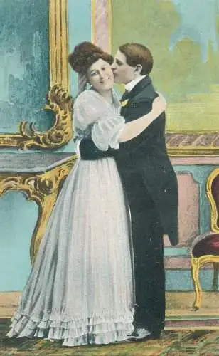 Postcard beauty elegance romance gallant kiss couples types and scenes