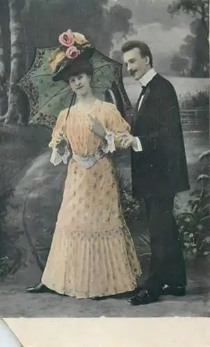 Postcard beauty elegance romance gallant courting couples types and scenes