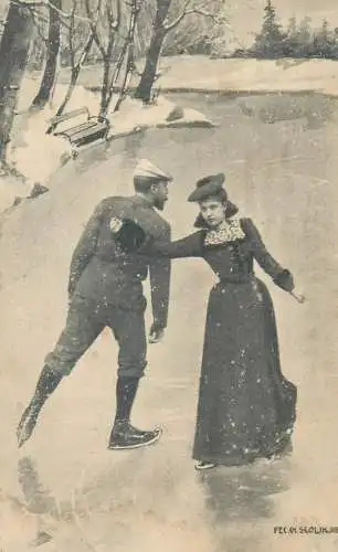 Post card romance beauty elegance lovers couple late XIX century ice-skating