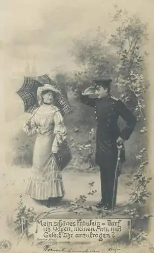 Post card romance beauty officer soldier gallant salute lady