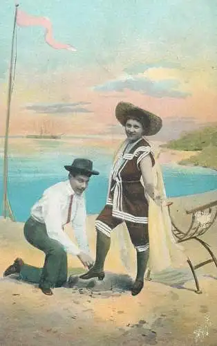 Post card romance couple lovers at the seaside