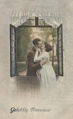 New Year greetings Post card romance couple lovers romantic kiss