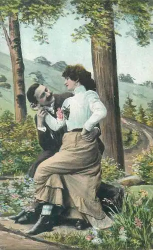Post card elegance romance couple lovers gallant courting forest scenery illustration