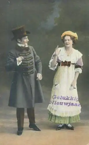 New Year Post card romance couple lovers gallant courting