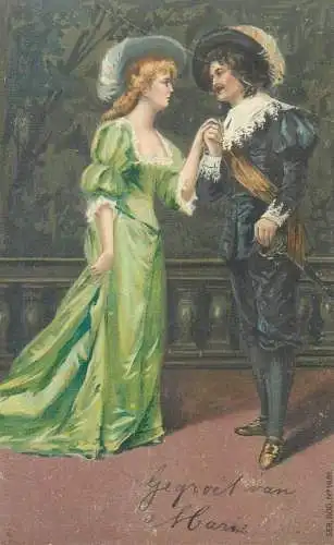 Postcard romance couple lovers gallant courting historical costumes