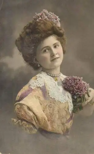 Postcard charming young lady fancy hair flower ornament