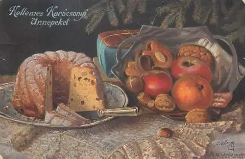 Postcard Hungary Kellemes Karacsony still nature and cake still life apples nuts gingerbread