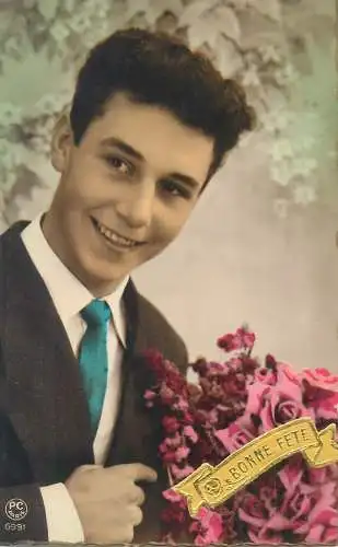 Postcard Holiday card Bonne Fete France man in suit