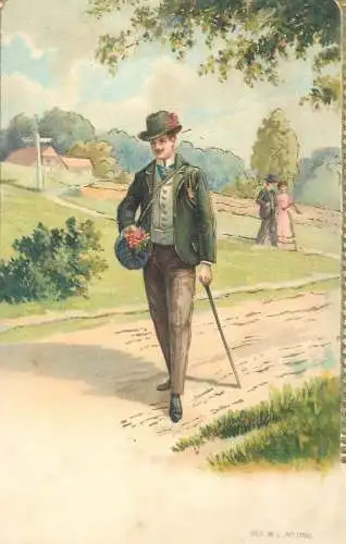 Postcard couples in a park and elegant man