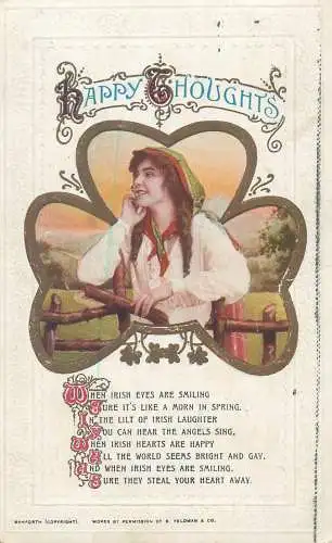 Postcard Ireland happy thoughts poem shamrock greetings folk type
