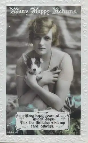 Postcard many happy returns Rotary real photo Gladys Cooper and dog