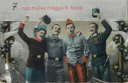 Postcard military men uniforms greetings Hungary 1912