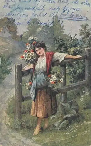Postcard greetings card woman in the field flower