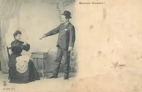 Postcard France 1906 elegant hat Mauvais Numero bingo game allegory