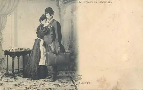 Postcard France man leaving for war love embrace hat