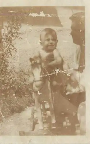 Photo ca. 6 x 9 cm social history boy on a wooden horse