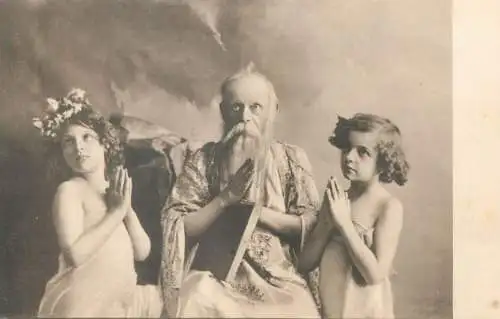Postcard old man & girls in pray scene