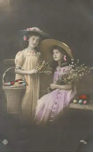 Postcard elegant beautiful flower girls wearing fancy hats