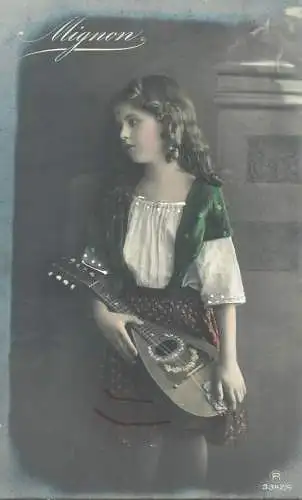 Postcard young girl with guitar wearing folk traditional costume