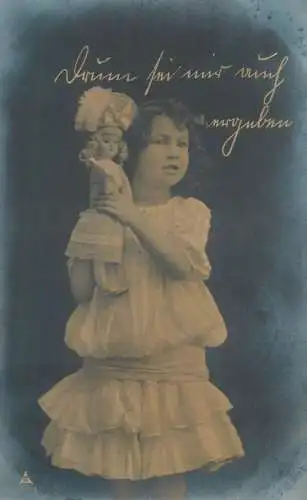 Post card little girl playing with doll picture