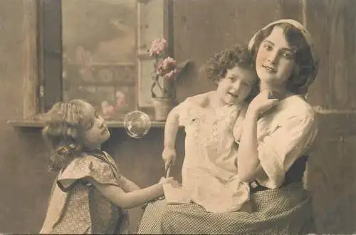 Post card mother with her young daughters family photo