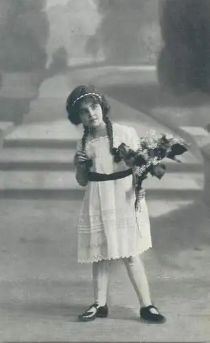 Post card cute young young girl pigtails coiffure white dress flower bouquet