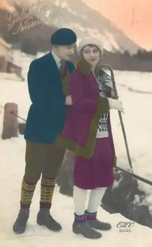 New Year greetings Post card elegance glamour gallant courting lovers couple