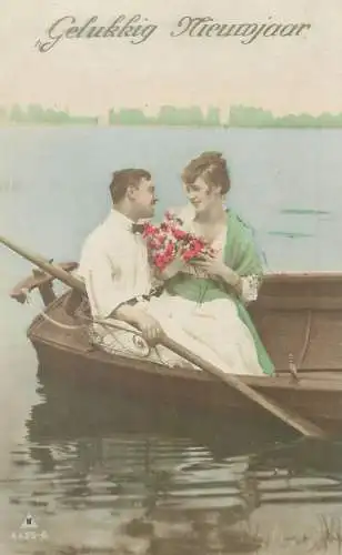 New Year greetings Postcard elegance glamour gallantry lovers couple romantic boat ride