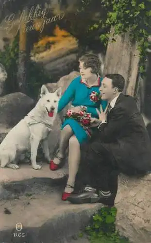 New Year greetings Postcard elegance glamour lovers couple with dog
