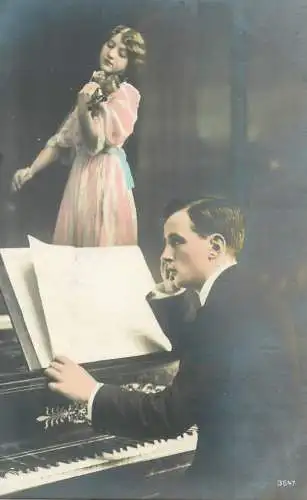 Post card elegance glamour lady playing violin and gentleman playing piano