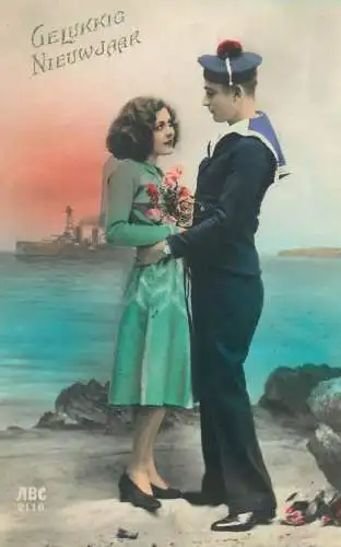 New Year greetings Post card elegance lovers couple sailor with his beautiful lady