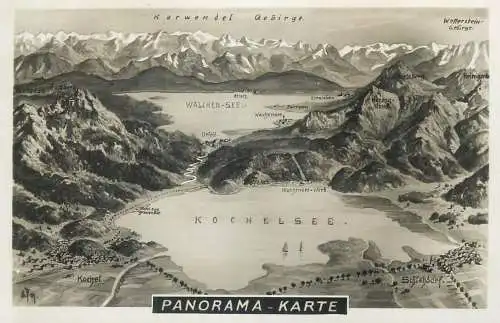 Postcard Germany Kochelsee paintinf panorama karte