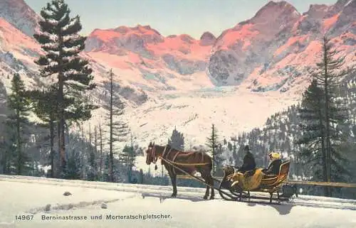 Postcard Switzerland Berninastrasse Morteratschgletscher horse drawn sleigh picturesque mountain scenery illustration