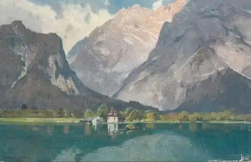 Postcard Germany St Bartholoma church am Konigsee painting
