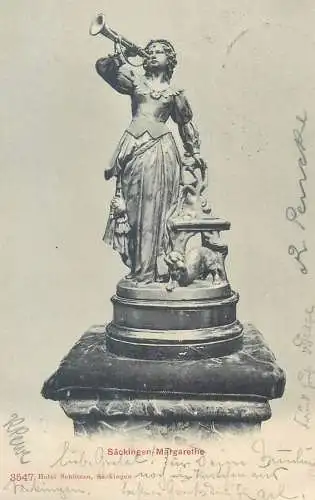 Postcard Germany Sackingen Hotel Schutzen Magrethe statue