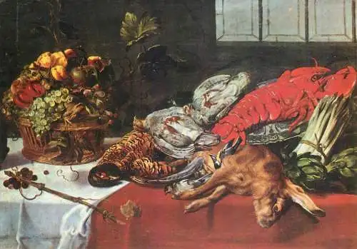 Postcard Romania vedere costume populare pictura de Frans Snyders natura moarta cu homar