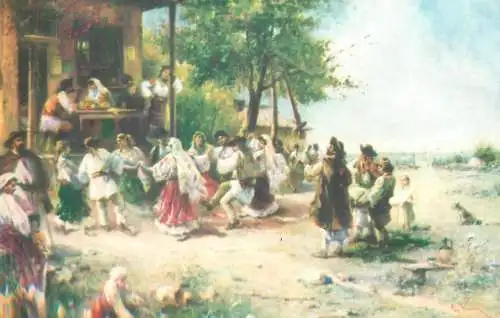Postcard Romania vedere costume populare pictura de Theodor Aman hora de la Aninoasa