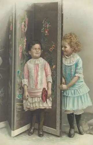 Children scene lovely girls victorian era chromo card 9.5 x 14 cm