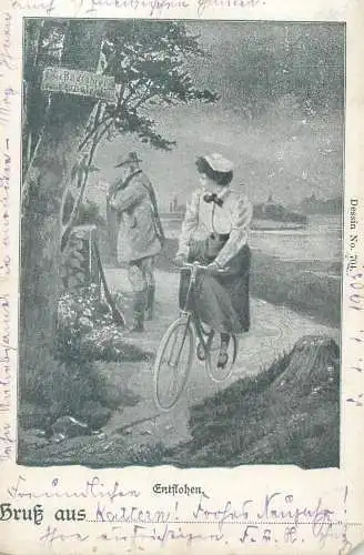 Allemagne Frau bicycle Gruss aus AK Entslohen 1904