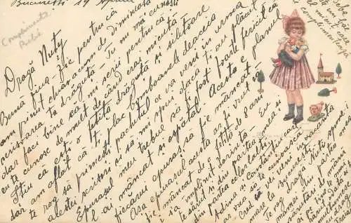 E. Colombo drawn girl & toys correspondance Romania Bucuresti