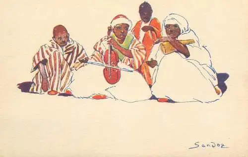 North Africa ethnic musical types signed Sandoz cpa edite par la Cie Transatlantique auto circuits Nord-Africains