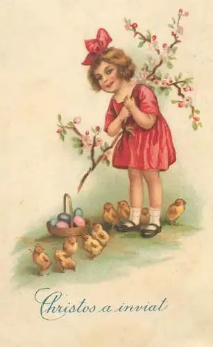 Easter greetings 1930 Romania Christ is risen! drawn girl chicks poussins fantaisie Paques
