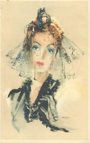Postcard charming lady elegant veiled outfit drawing