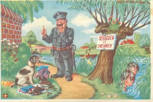 Postcard Prohibited to swim funny comic illustration