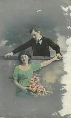 Postcard gallant courting elegance charm romance lovers couple