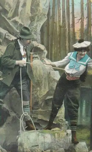 Postcard illustration man wearing hunter outfit and woman in sailor costume outdoor forest scenery
