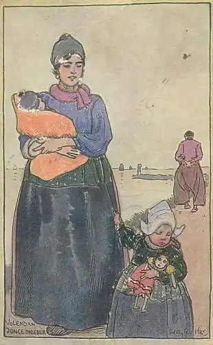 Postcard young mother signed illustration drawing