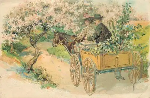 Postcard charming elegant couple in horse drawn carriage