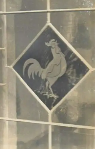 Postcard glass door rooster detail view