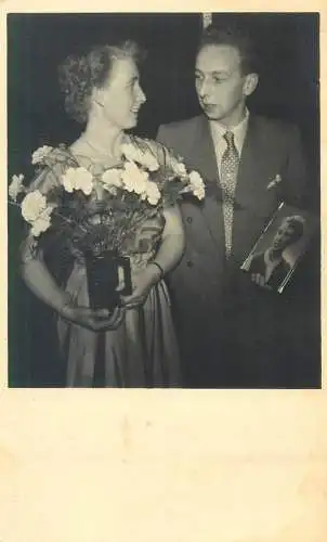 Postcard lovers couple charming lady smile elegant costumes vase floral arrangement